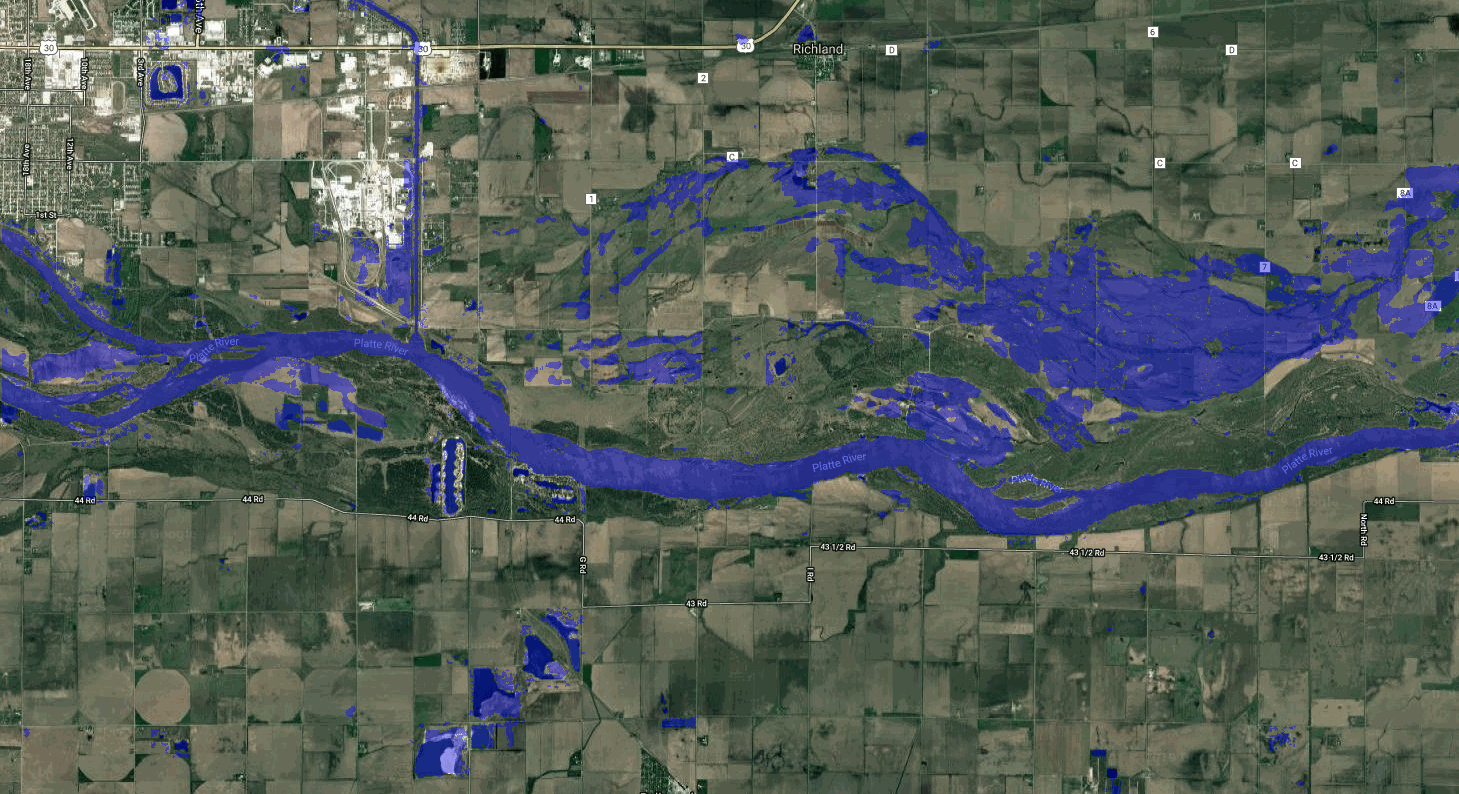 Gif showing Flooding between Feb 25 and Mar 16 near Columbus, NE