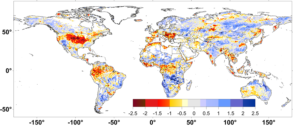 Global SWI map showing drought and pluvial patterns, Aug. 2012
