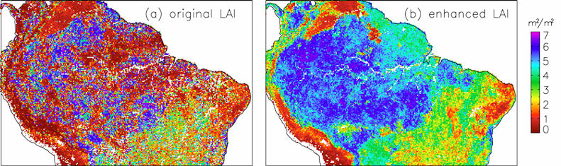 Figure 2. The 8-day composite leaf area index (LAI) in Amazon region for the 8-day period 081 (March 21–28) in 2001 for (a) the original with no temporal interpolation of the LAI and (b) the temporally interpolated LAI. (Mu et al., 2007 Remote Sensing of Environment, in press; Zhao et al., 2005)
